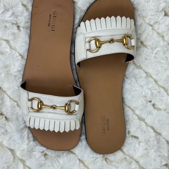 Gucci White and Gold Slide Sandals with Fringe Size 39 - Picture 2 of 13